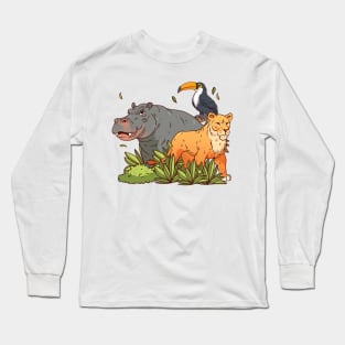 Hippo Pelican Lion Hand Drawn Long Sleeve T-Shirt